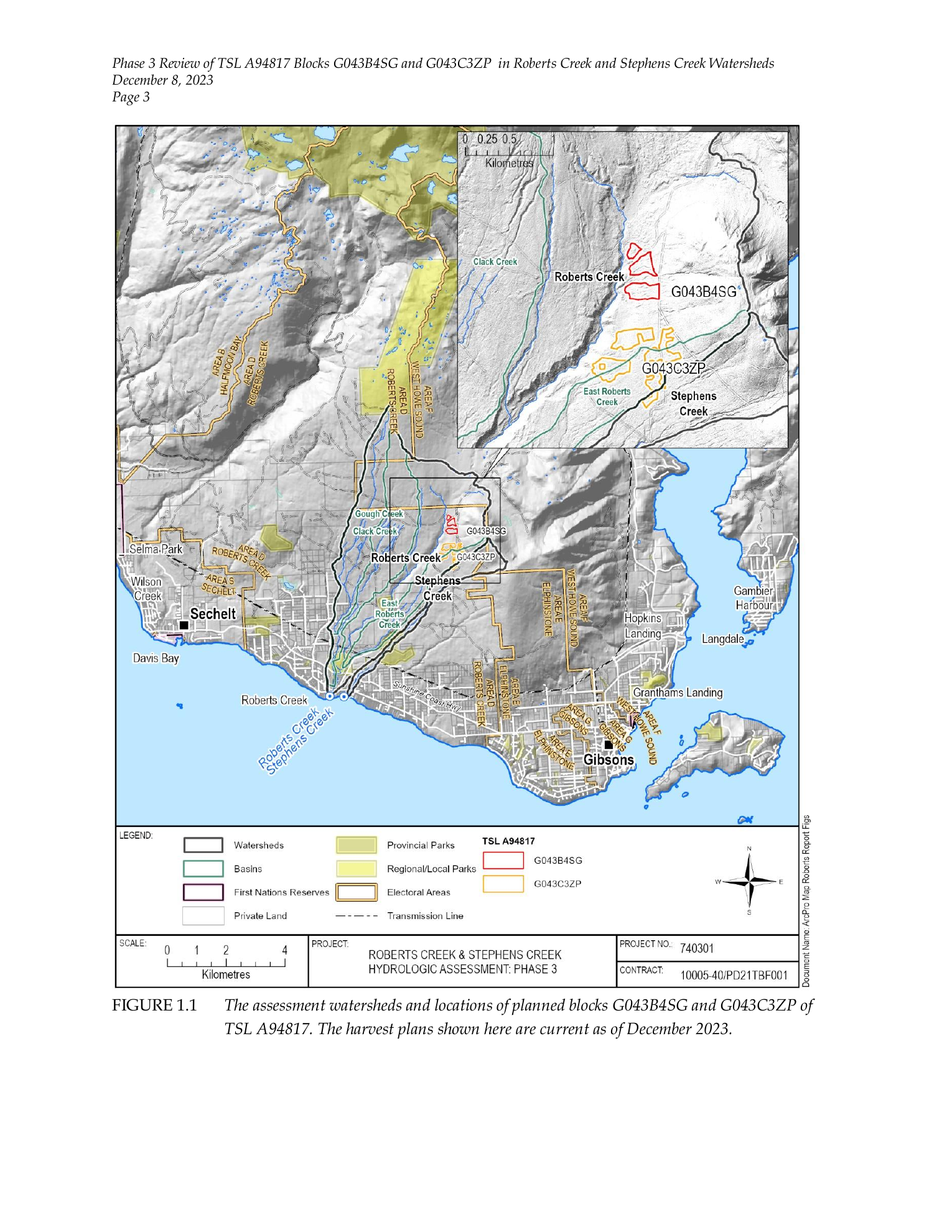 BCTS Figure 1.1 map showing Roberts Creek and Stephens Creek watersheds and the TSL A94817 block locations