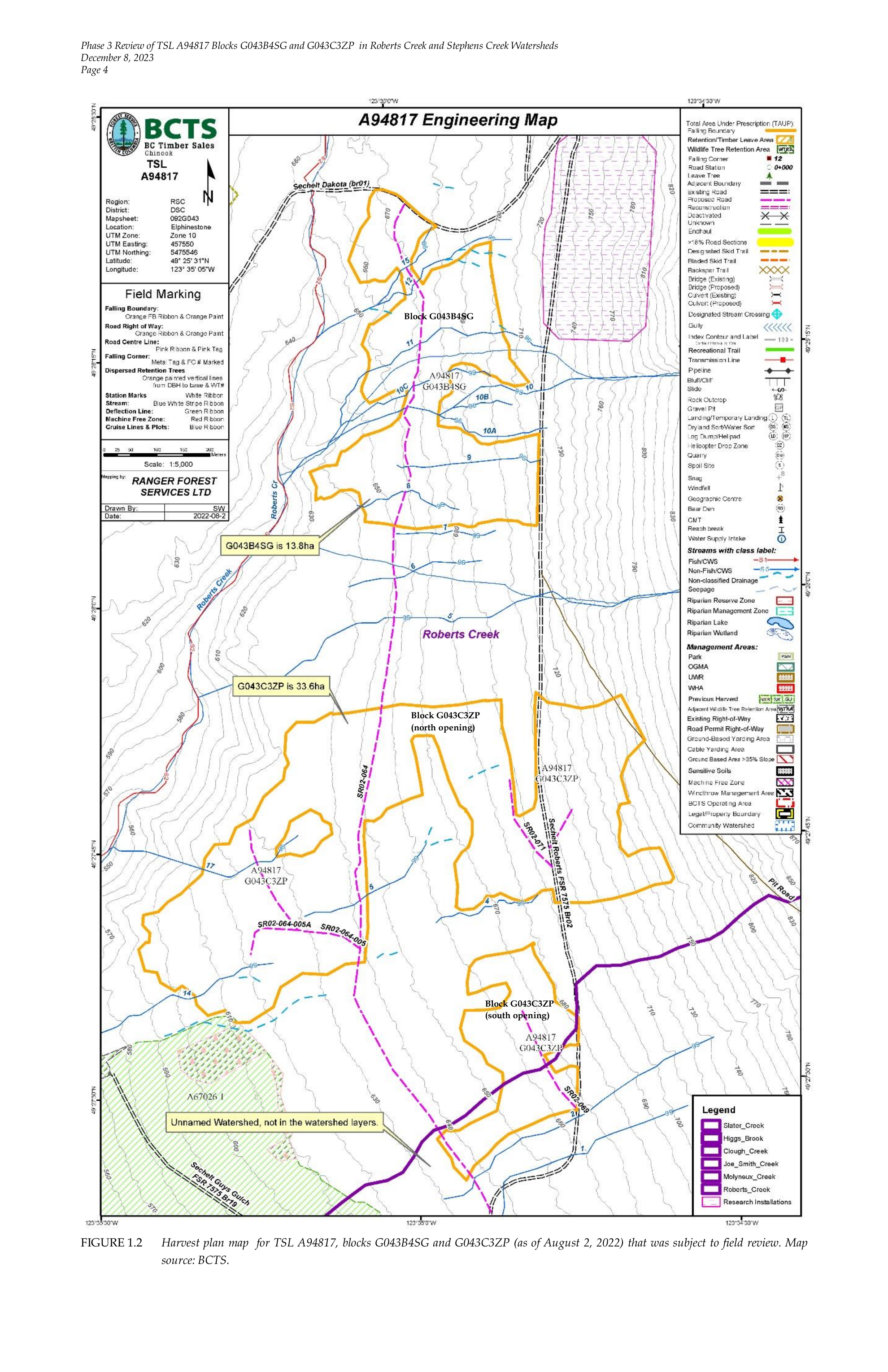 BCTS Figure 1.2 August 2022 harvest plan map for TSL A94817 blocks G043B4SG and G043C3ZP
