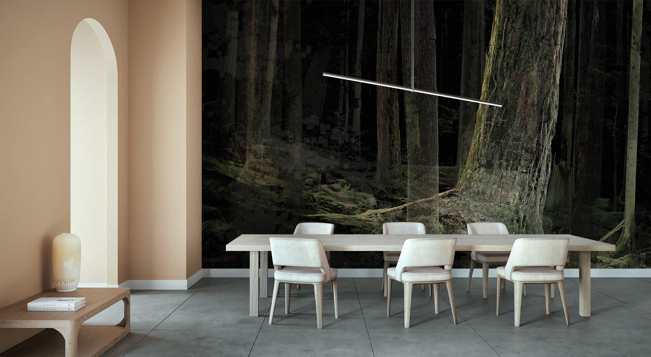 LIDAR Wizard 19 forest mural installed behind a long table in a warm-toned boardroom