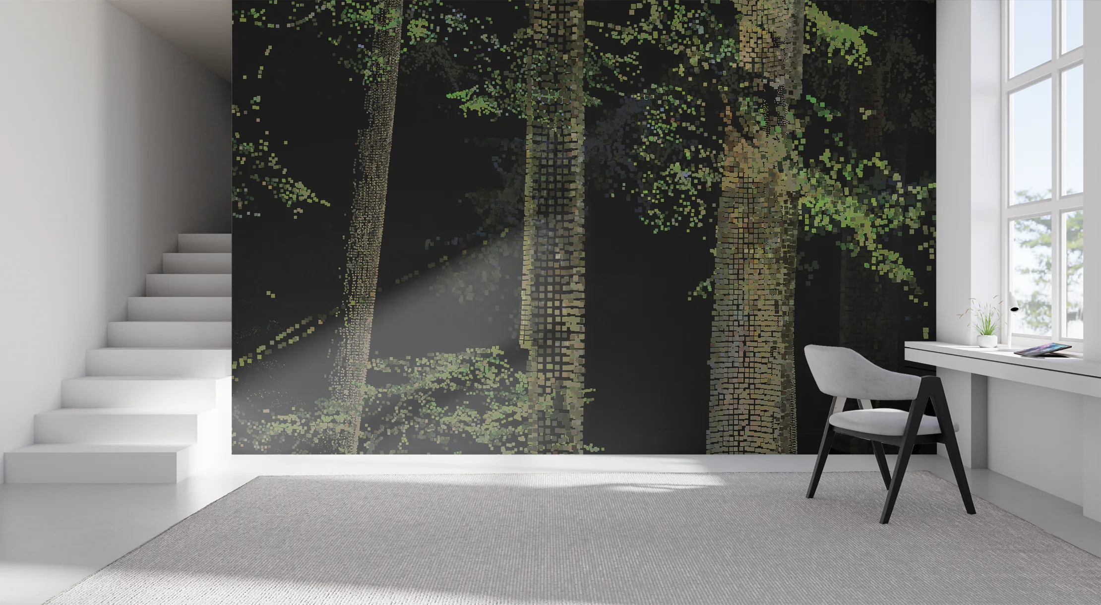 LIDAR Wizard 11 dark forest mural covering a wall beside a white staircase and home-office window